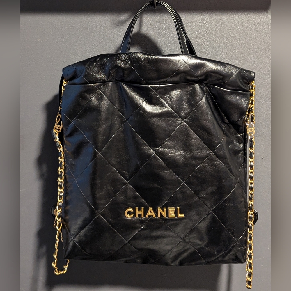 Chanel 22 Black Backpack Shiny Calfskin & Gold Tone Metal - AS3859